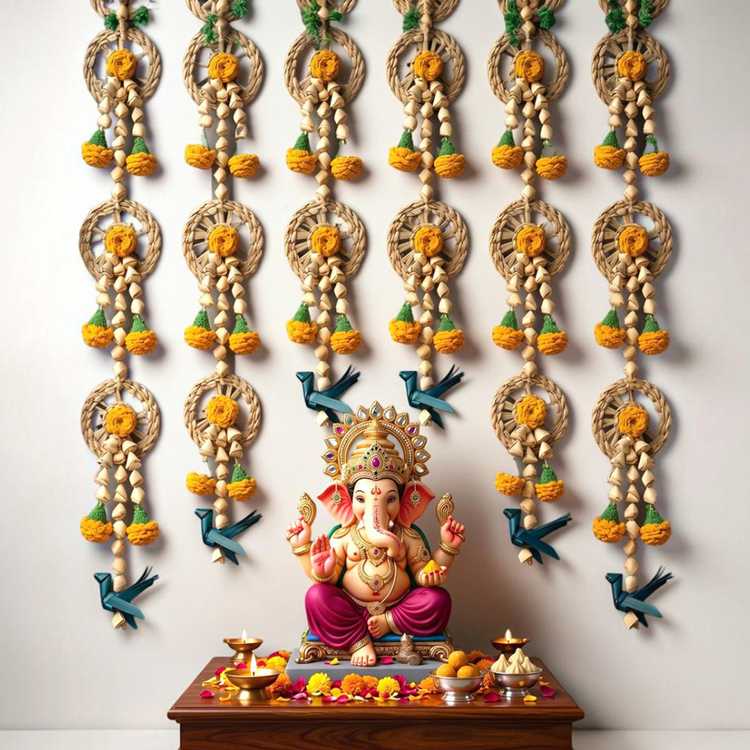 Set of 2 | "Vihang" Handcrafted Chamba Bird Wall Hanging with Crochet Marigolds For Festive Decor