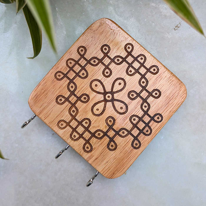Engraved Flower Medallion Kolam Rubber Wood Wall Key Holder