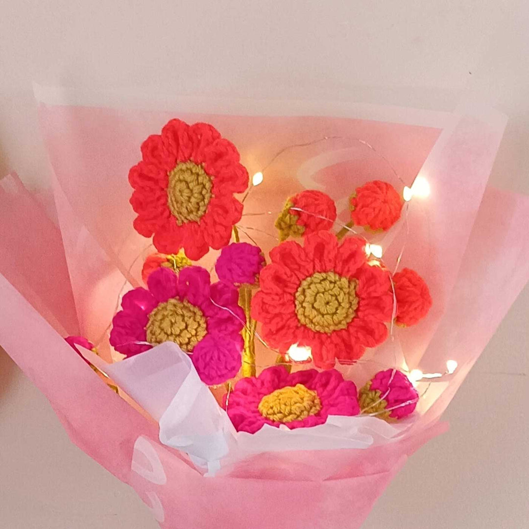 Handmade Crochet Neon Pop Theme Flower Bouquet With Lights