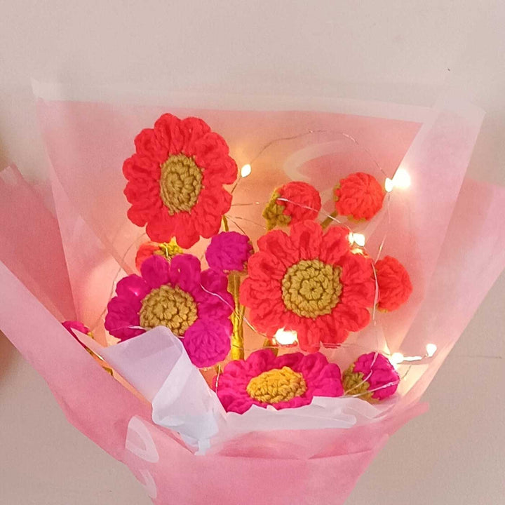Handmade Crochet Neon Pop Theme Flower Bouquet With Lights
