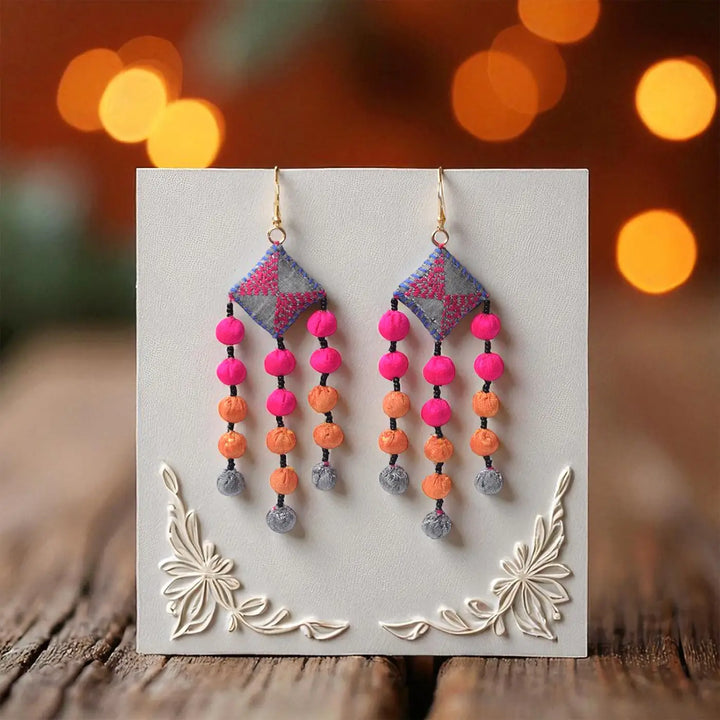 Handmade Textile Art Round Tassels Dupion Silk Fabric Earrings