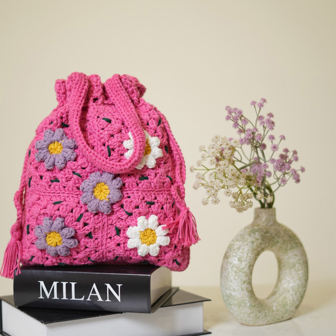 Handmade Crochet Pink Daisy Delight Potli