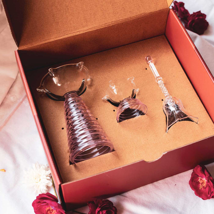 Handmade Festive Borosil Glass Diya & Bell Gift Hamper | Set Of 3