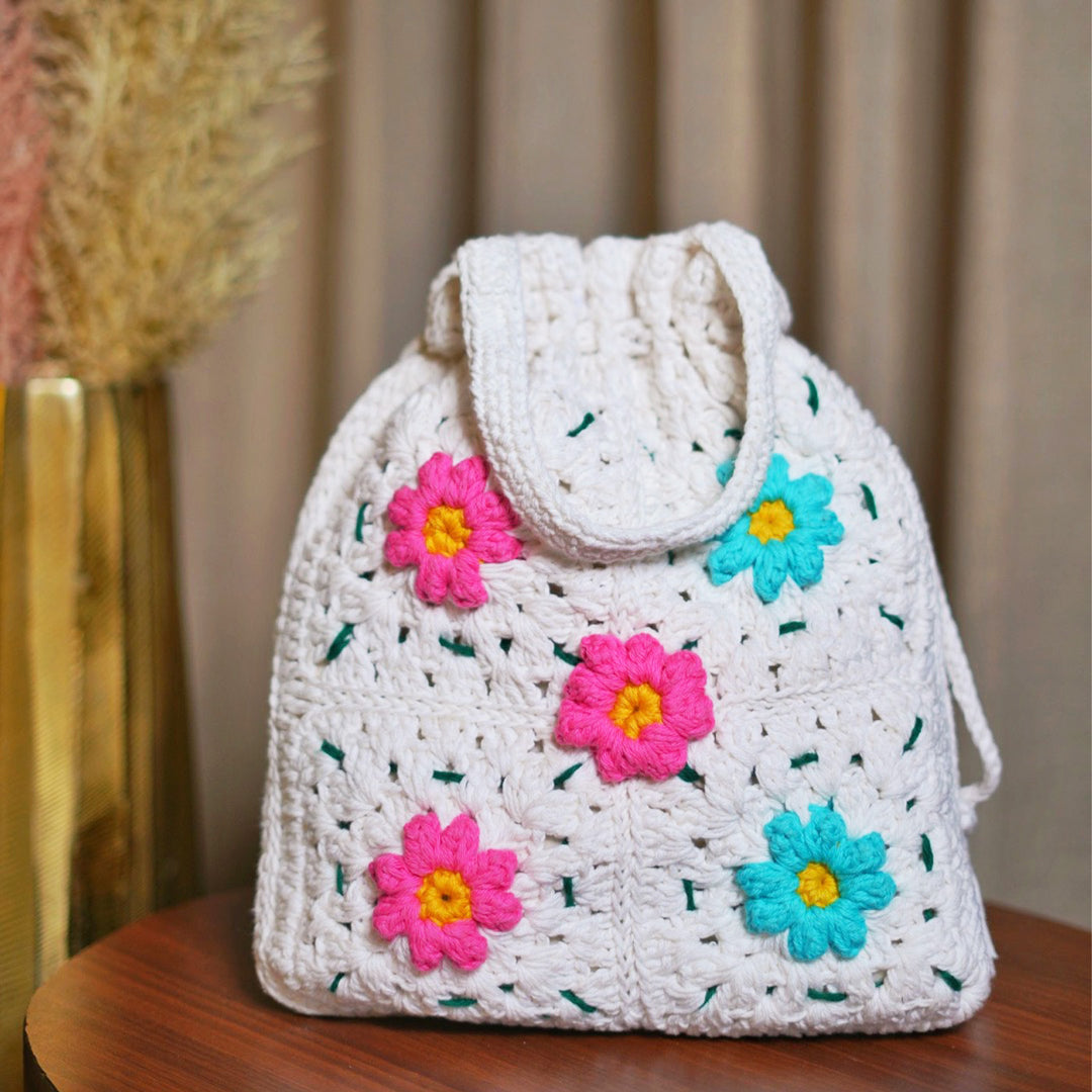 Handmade Crochet White Whimsy Garden Potli
