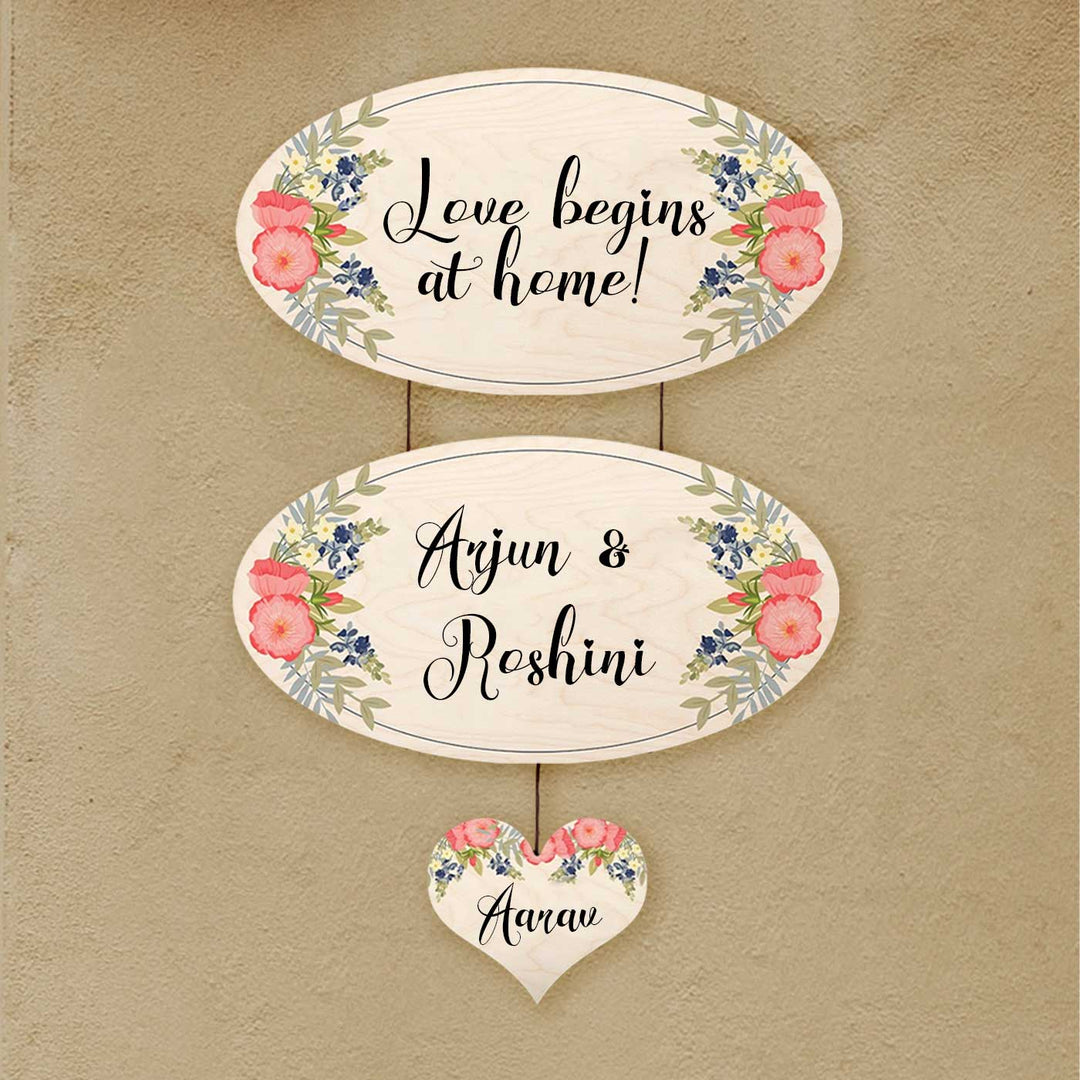Printed White Floral Wooden Oval Nameplate For Family