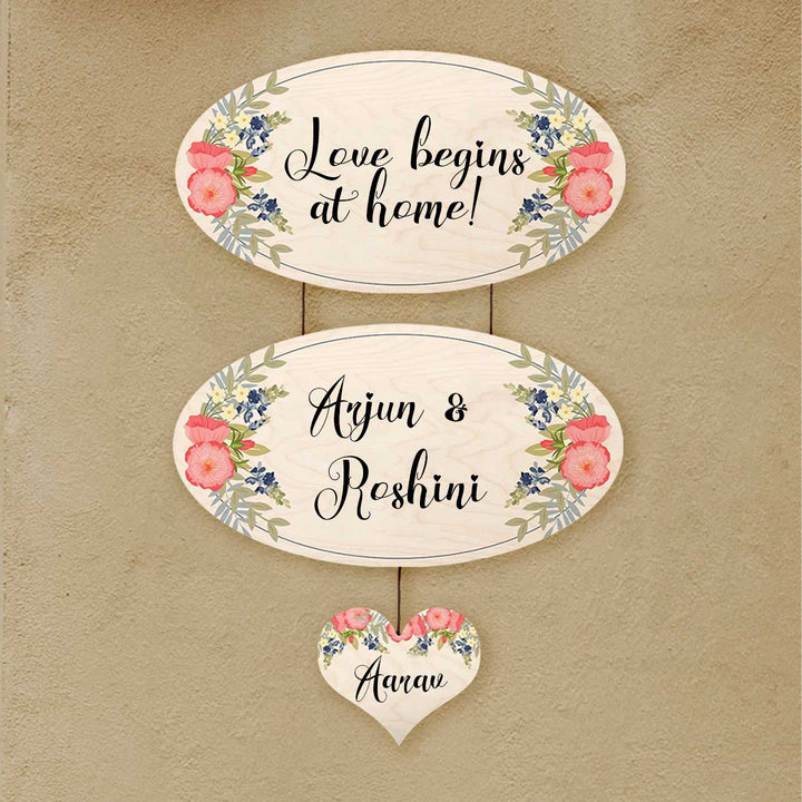 Printed White Floral Wooden Oval Nameplate For Family