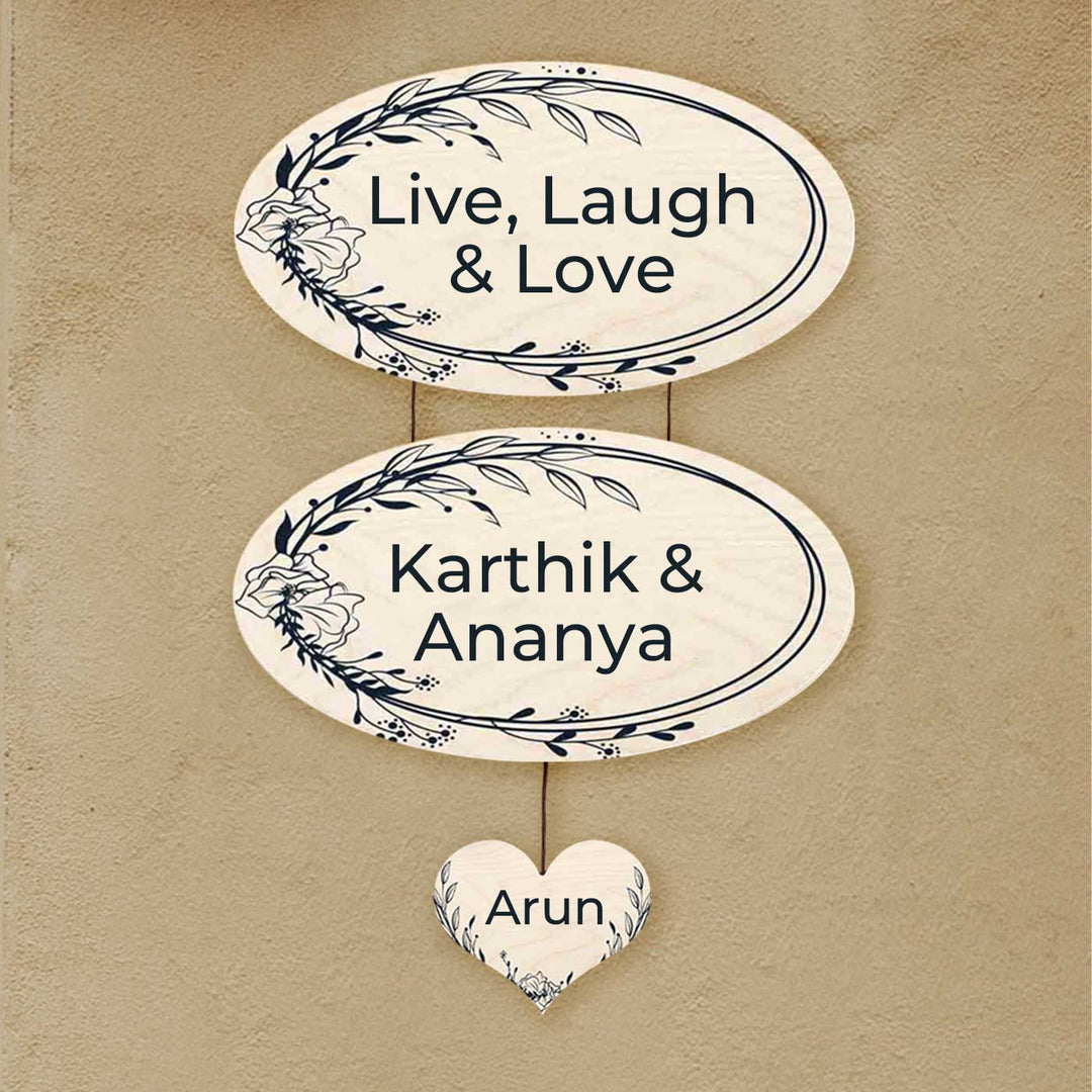 Printed Floral Wooden Oval Nameplate For Couples