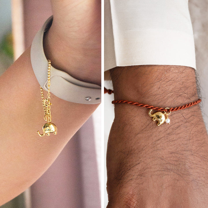 Cute Elephant With Pearl Gold Plated Sterling Silver Rakhi & Lumba Set With Roli Chawal For Bhaiya Bhabhi | Set of 2