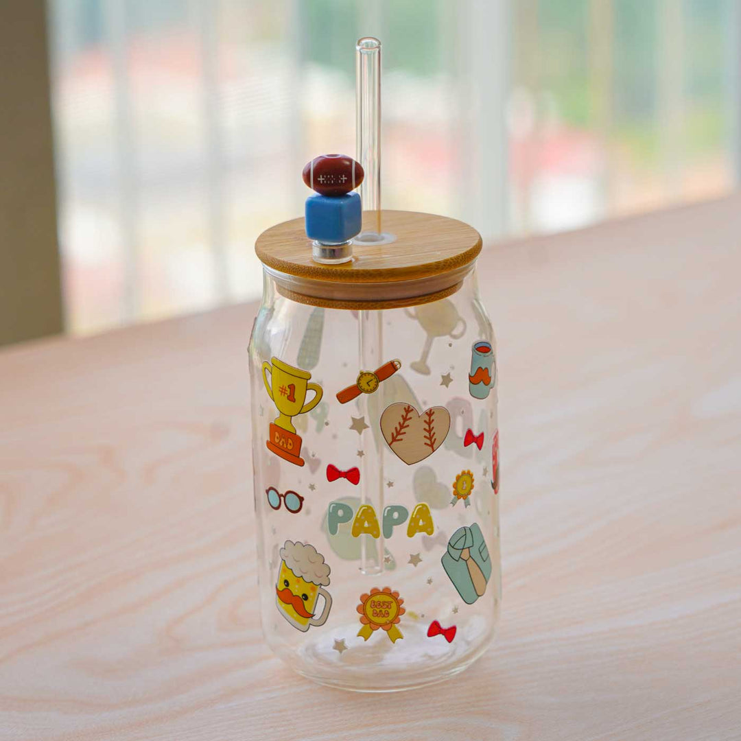 Cute Printed "Dad" Theme Glass Tumbler With Straw For Kids