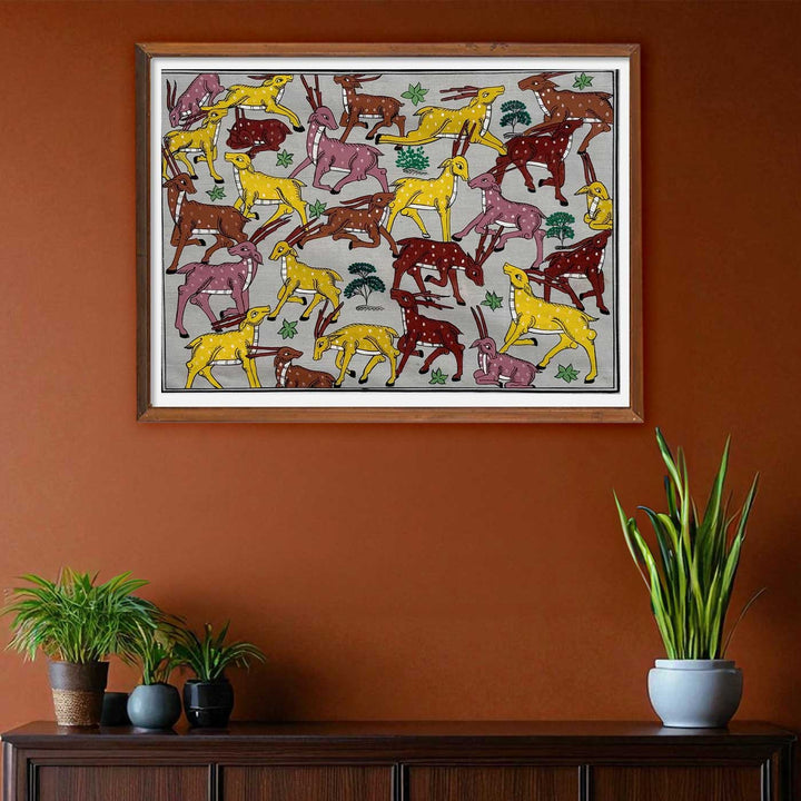 16 X 12 Inch | Handmade Silk Deer Herd Painting