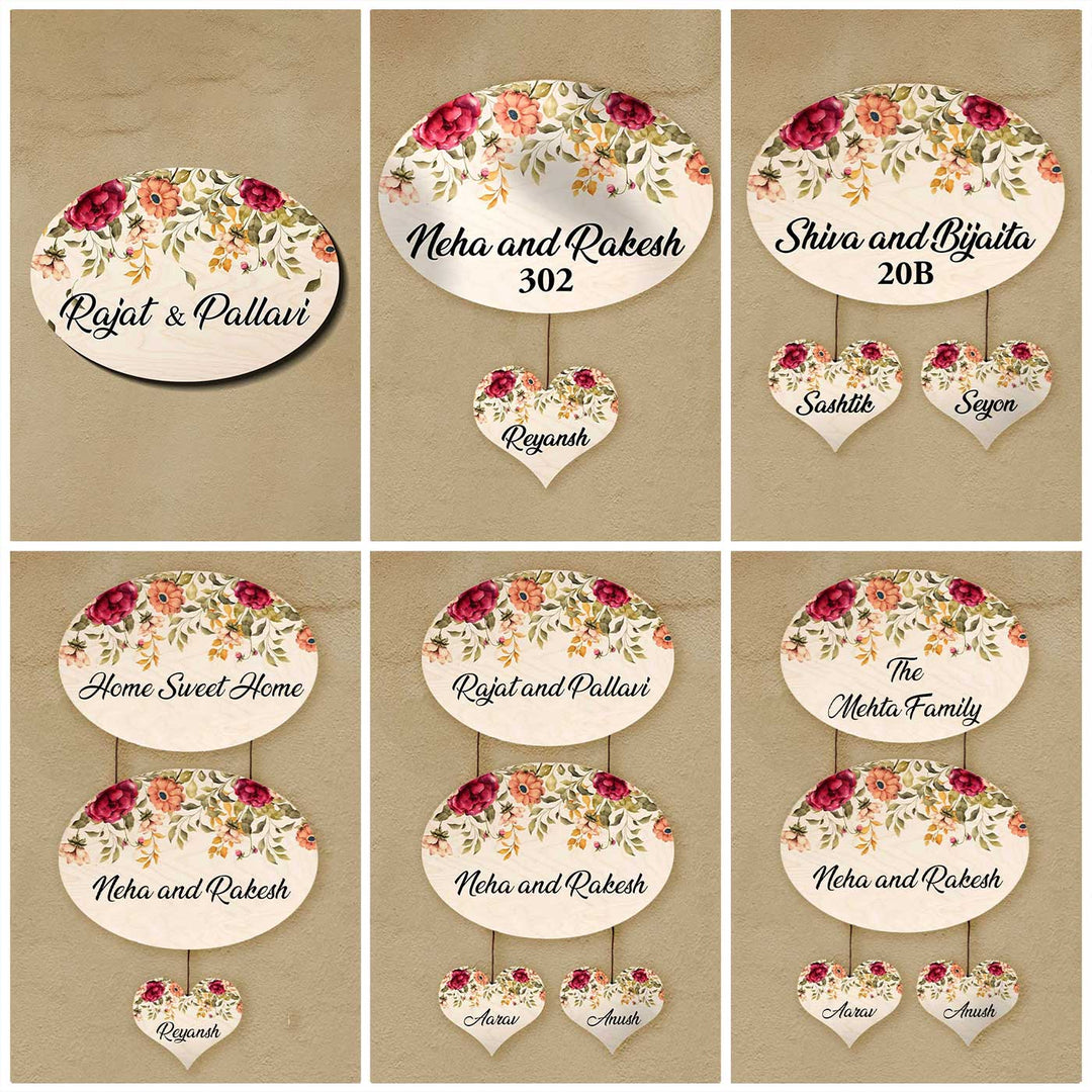 Printed Red & Orange Floral Wooden Oval Nameplate For Family