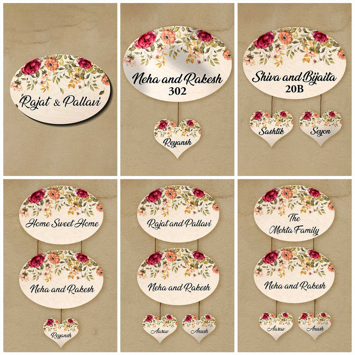 Printed Red & Orange Floral Wooden Oval Nameplate For Family