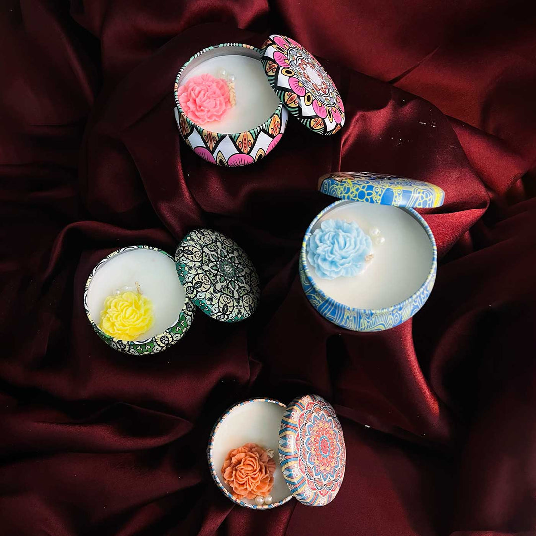 Set Of 4 | Handmade Mandala Design Tin Soy Wax Scented Candle