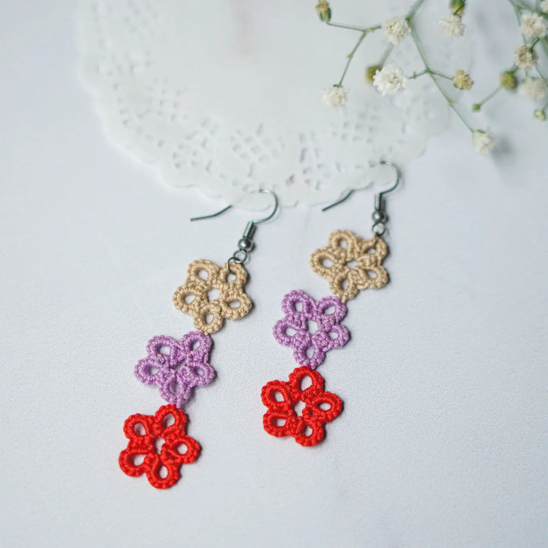 Handmade Tatting Trio Flower Cotton Earrings