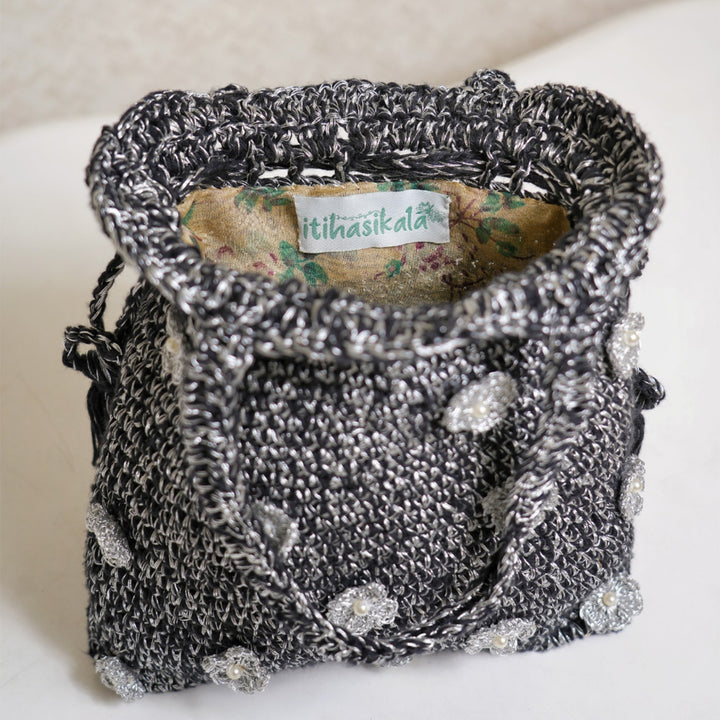 Handmade Crochet Floral Silver Sprinkle Potli