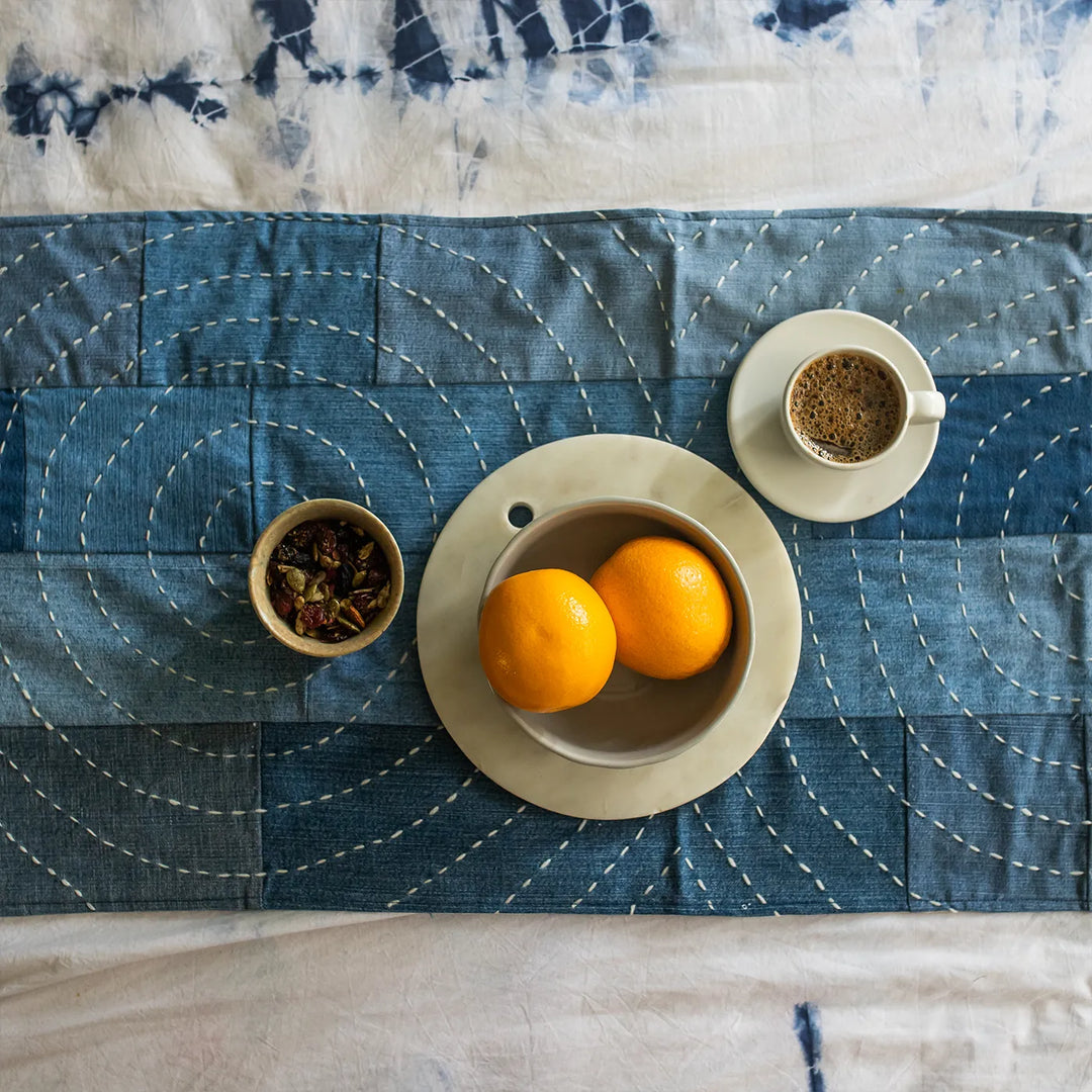 Upcycled Hand Embroidered Denim Spiral Eco-Friendly Table Runner & Mat