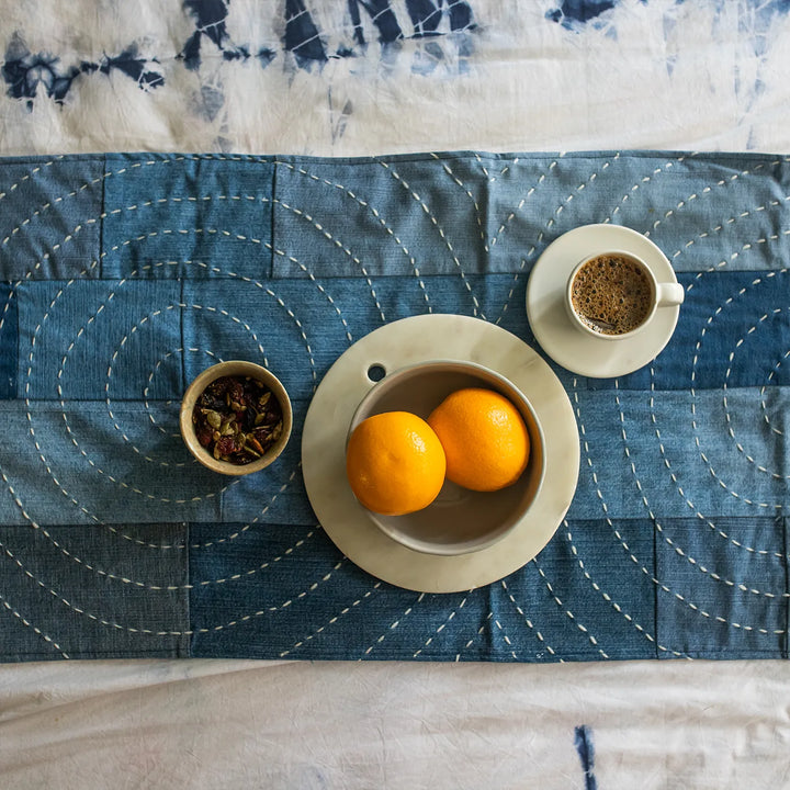 Upcycled Hand Embroidered Denim Spiral Eco-Friendly Table Runner & Mat