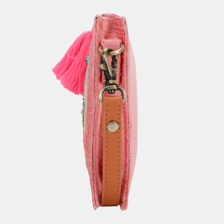 Handmade Embroidered Cassatte Design Pink Velvet Sling Bag