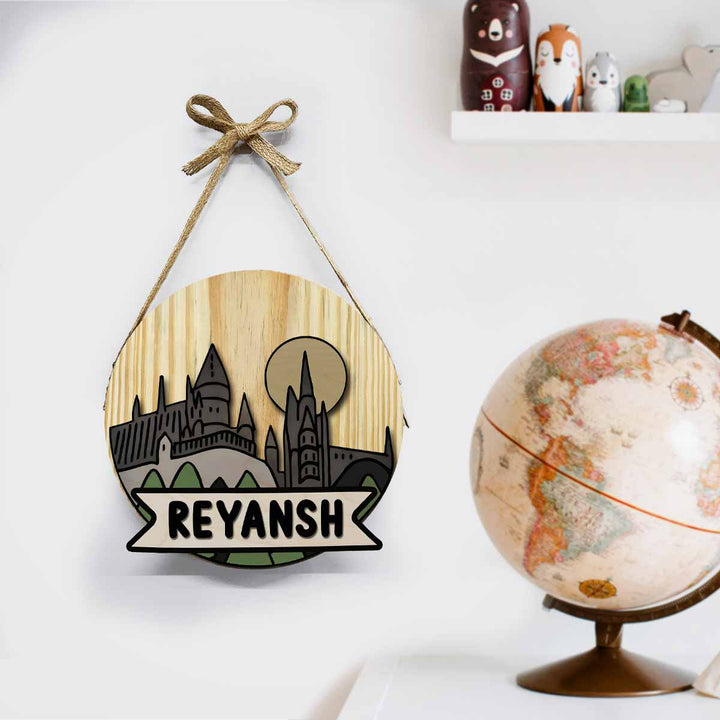 Kids Circular 3D Hogwarts Themed Nameplate With Lights - Hanging on Wall with Name Personalization
