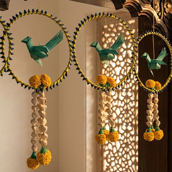 Chirraiya Handcrafted Palm Leaf Wall Hanging With Crochet Marigolds For Festive Decor