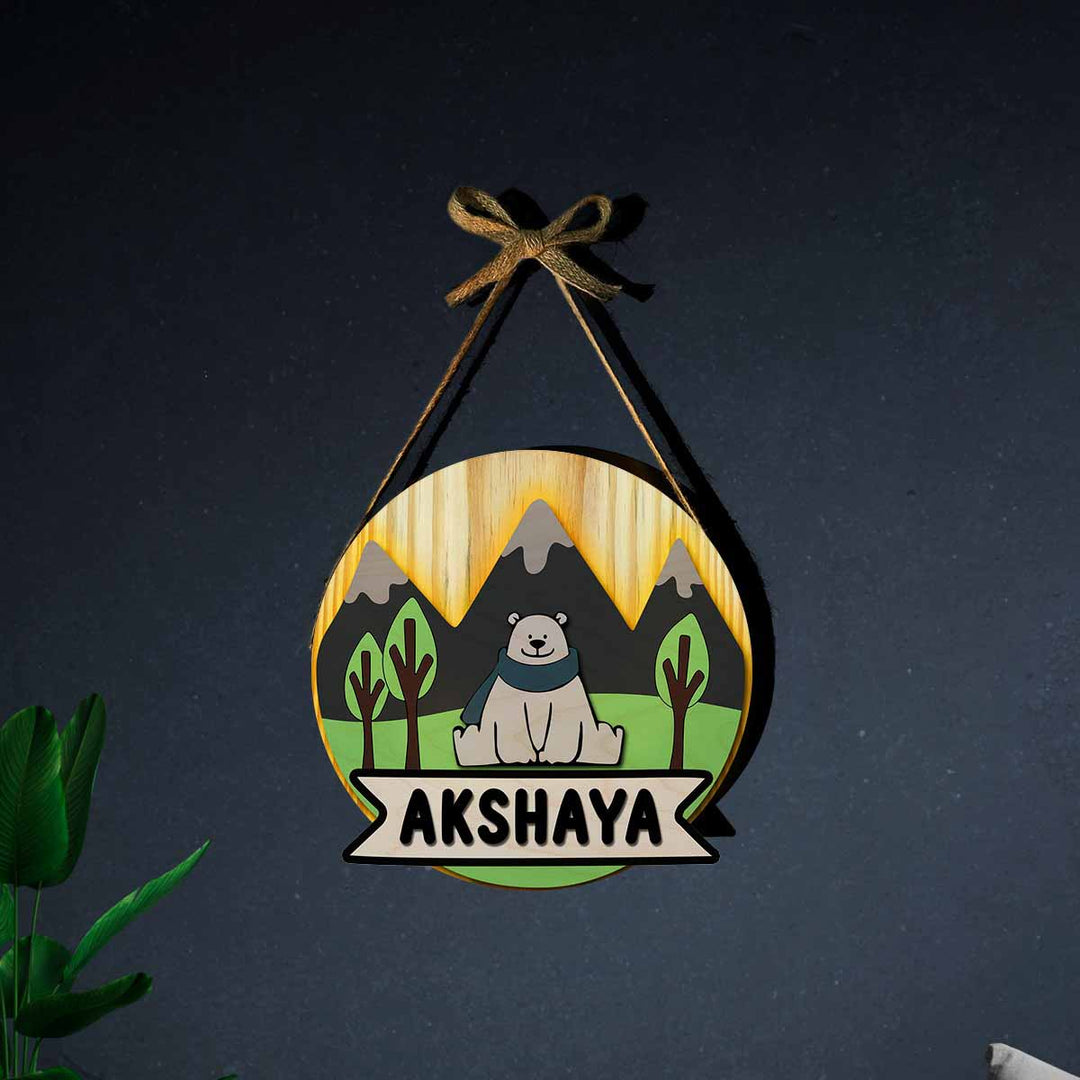 Kids Circular 3D Bear Themed Nameplate With Lights - Front View Hanging from Ribbon