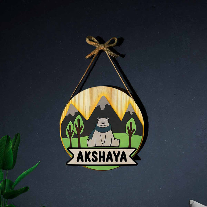Kids Circular 3D Bear Themed Nameplate With Lights - Front View Hanging from Ribbon