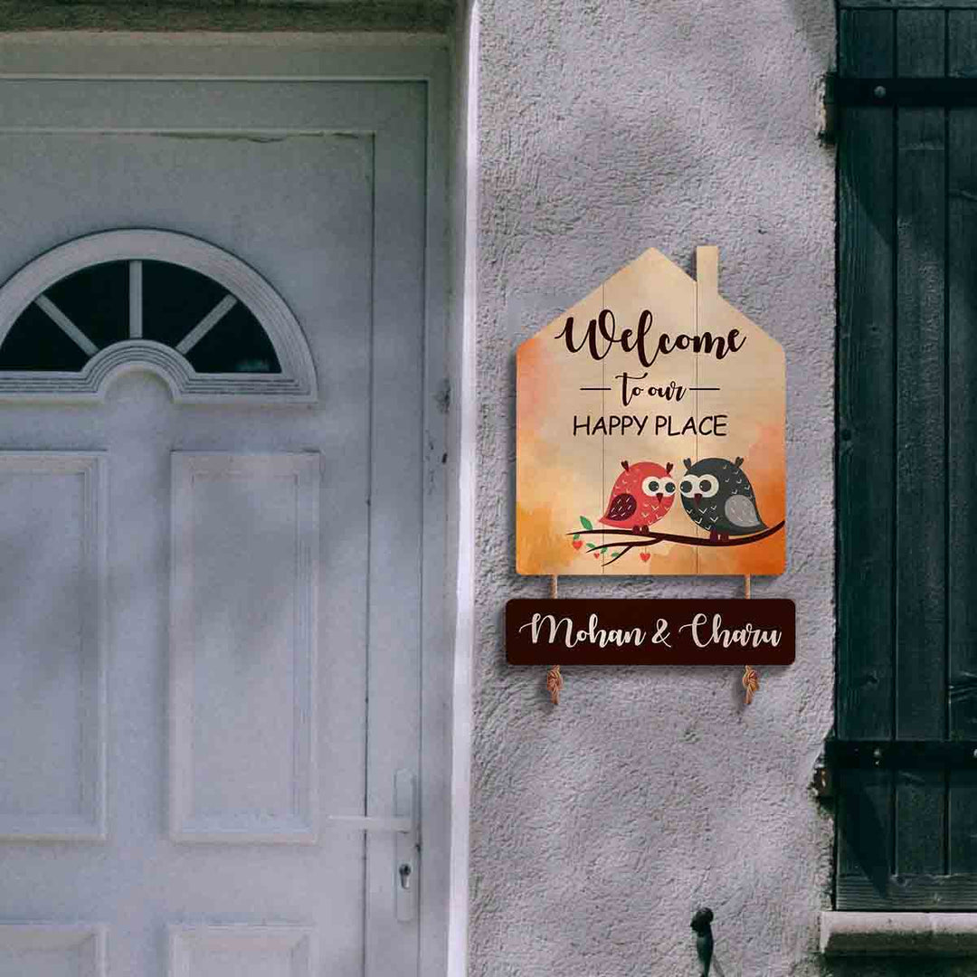 Printed Wooden House Shaped Owl Nameplate For Family