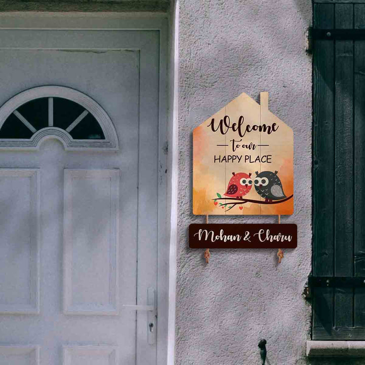 Printed Wooden House Shaped Owl Nameplate For Family