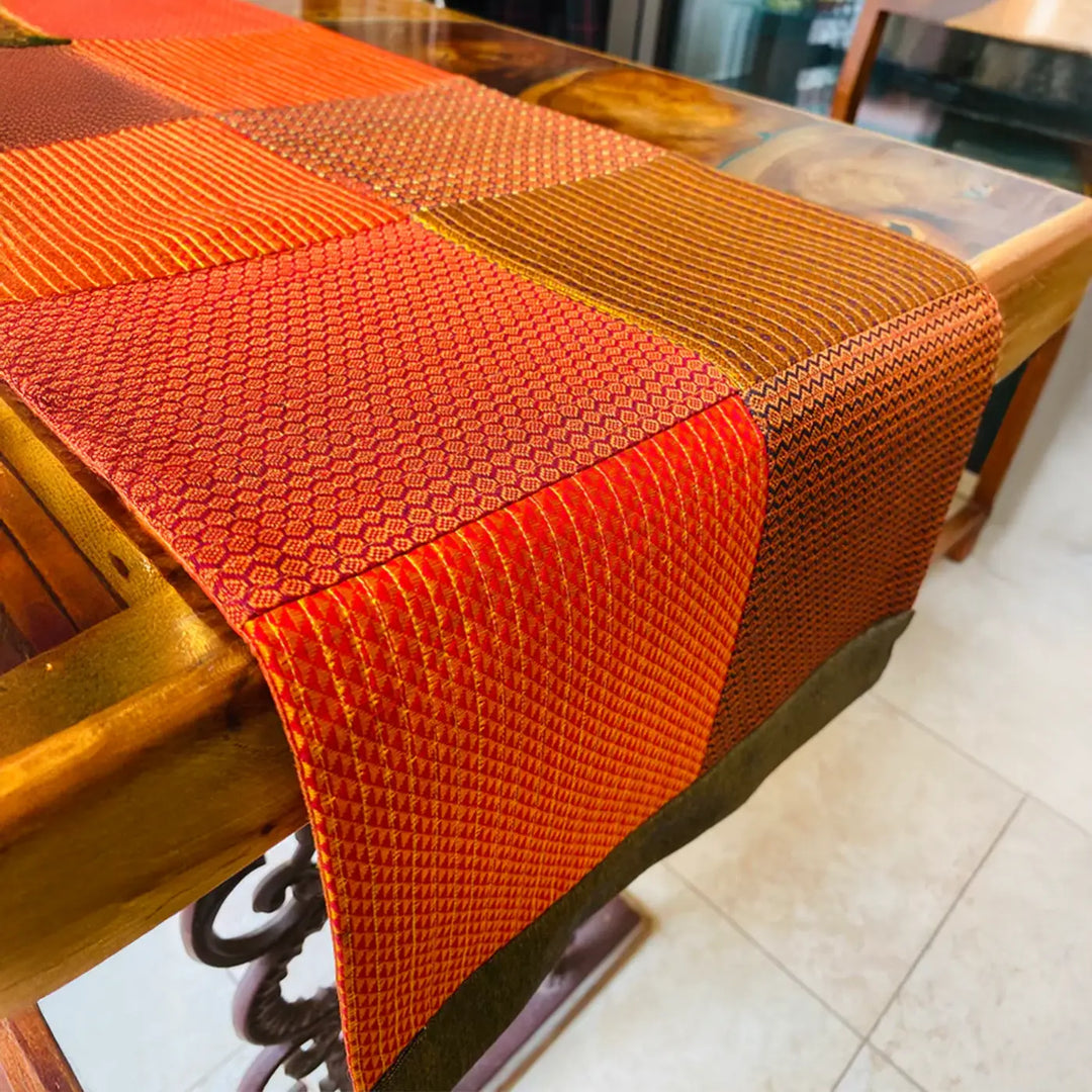 Handmade Orange Geometry Design Khunn Fabric Cotton Table Runner | 12 x 60 Inch