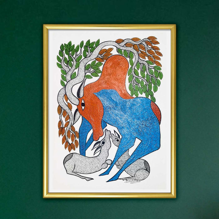 11 x 15 Inch | A Mother’s Embrace Of Cow | Original Hand Painted Tribal Gond Art Painting | Acrylic Paint On Paper