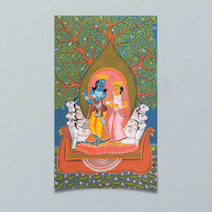 29 x 48 Inch | Radha Krishna On Boat | Original Hand Painted Kalighat Painting | Natural Pigment On Paper