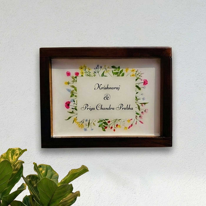 Personalized Floral Theme Minimalist Resin Name Plate With Teak Wood Frame