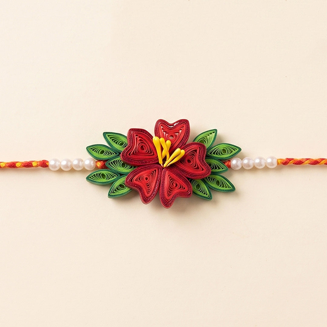 Handmade Paper Quilled Floral Rakhi With Roli Chawal For Brother