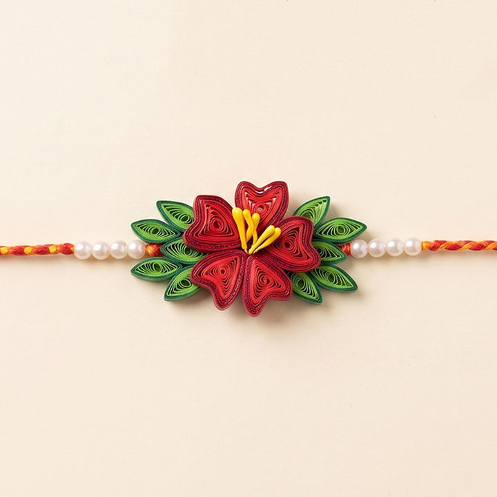 Handmade Paper Quilled Floral Rakhi With Roli Chawal For Brother