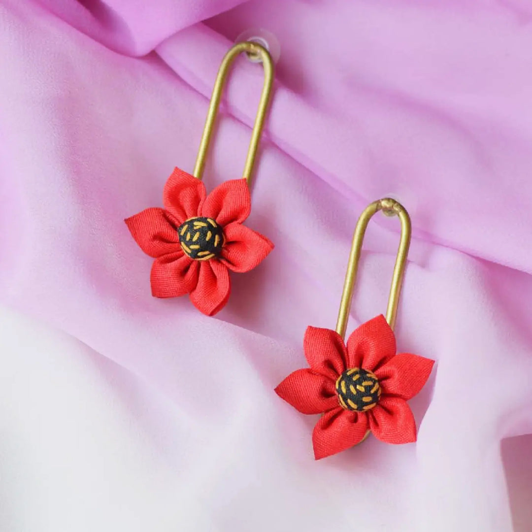 Handmade Textile Art Hanging Flower Design Dupion Silk Fabric Earrings