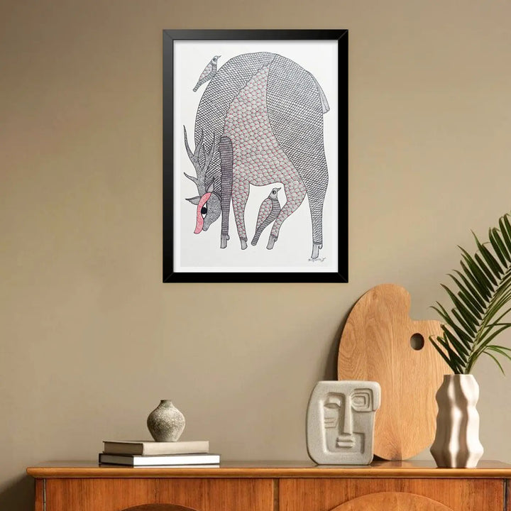 11 x 16 Inch | Deer & Bird Bond | Original Hand Painted Tribal Gond Art Painting | Acrylic Paint On Paper