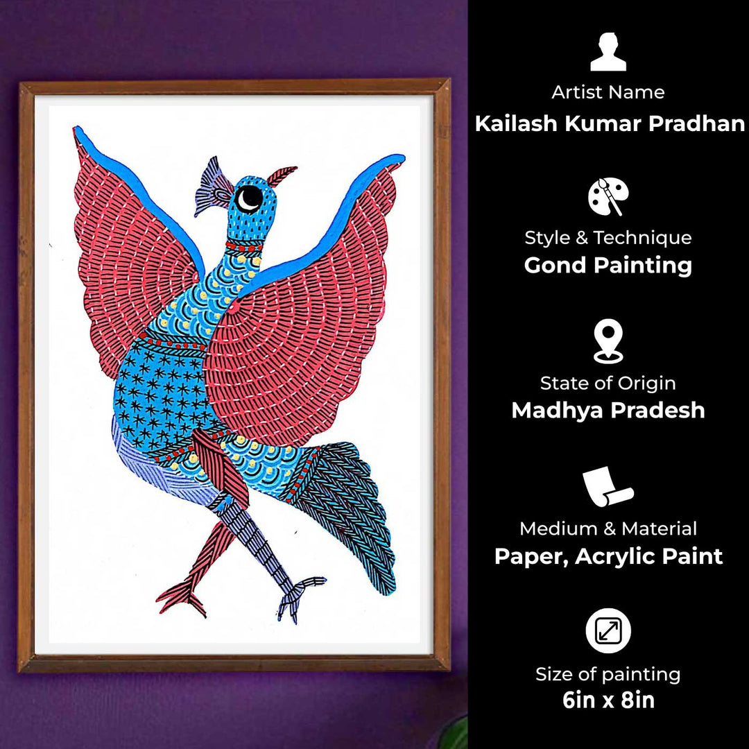 6 x 8 Inch | Bird with Spread Wings | Original Hand painted Tribal Gond Art Painting | Acrylic Paints On Paper