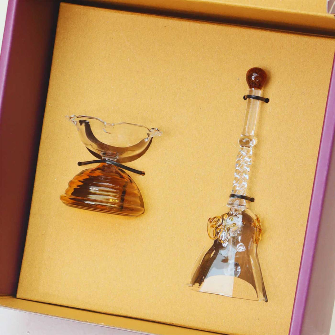 Durable Glass Short Prayer Gift Hamper | Includes Diya And Ringing Bell