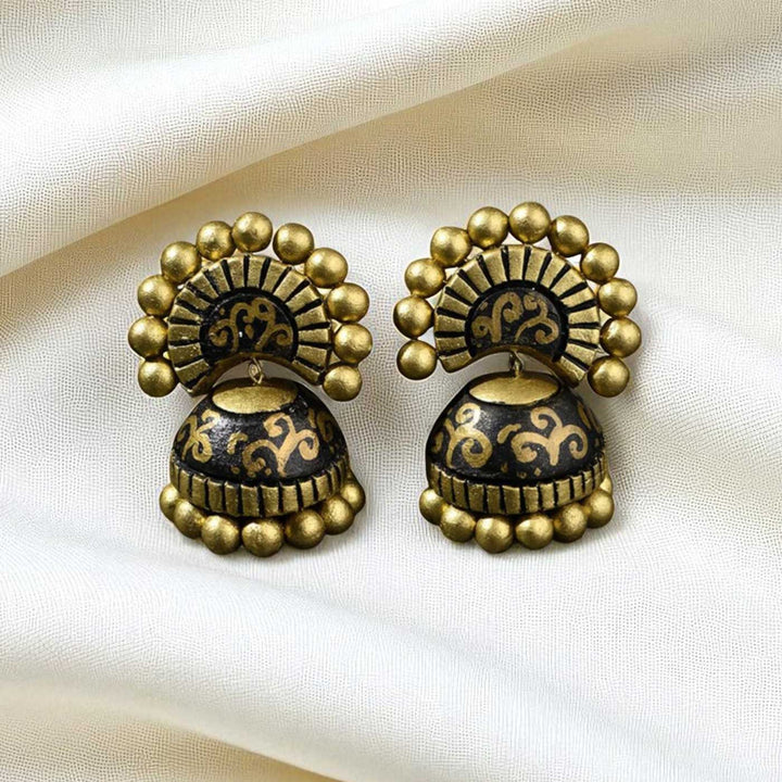 Handmade Beaded Black & Golden Terracotta Earrings