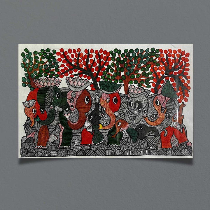 15 x 22 Inch | Animal's Harmony | Original Hand Painted Tribal Gond Art Painting | Acrylic Paints On Paper