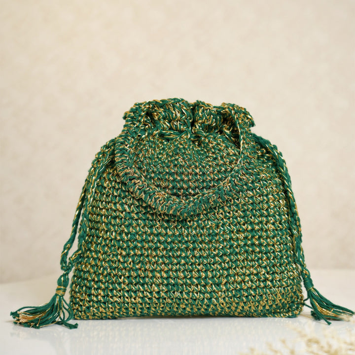 Handmade Crochet Emerald & Golden Potli