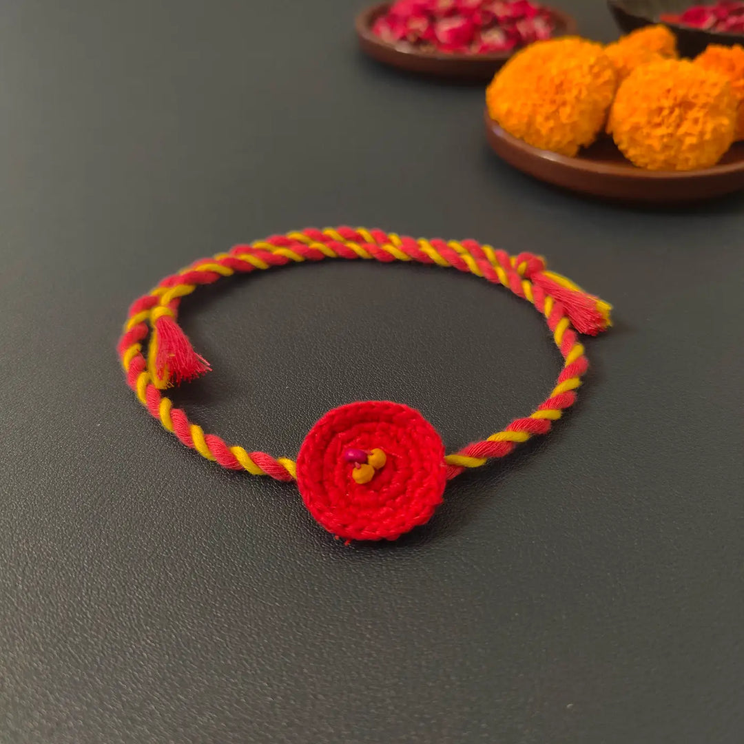 Handmade Crochet Beaded Round Rakhi With Roli Chawal