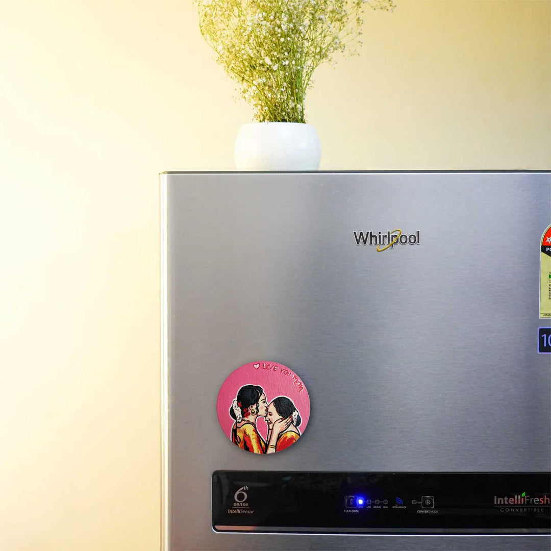 Personalized Photo Based Caricature Round Pink Fridge Magnet