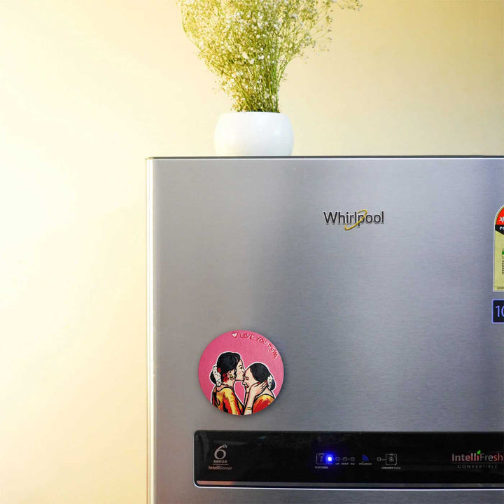 Personalized Photo Based Caricature Round Pink Fridge Magnet