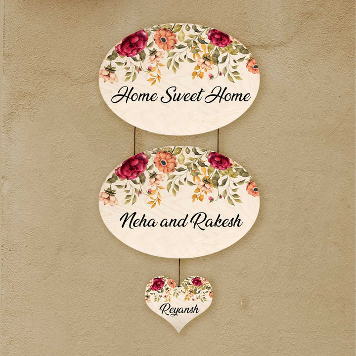 Printed Red & Orange Floral Wooden Oval Nameplate For Family
