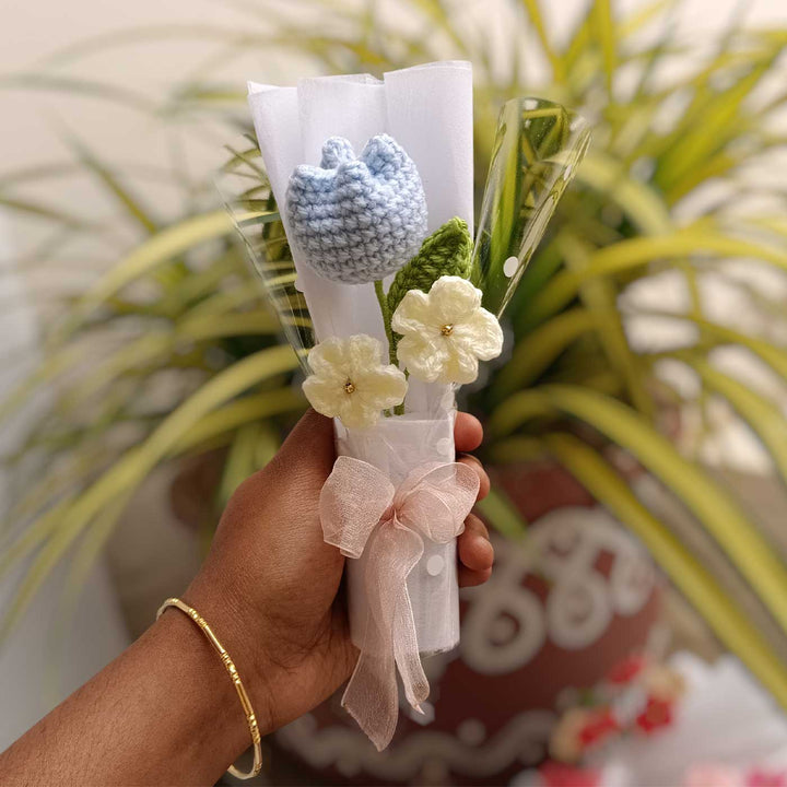 Handmade Crochet Blue Tulip Mini Flower Bouquet | Includes Photo & Greeting Card