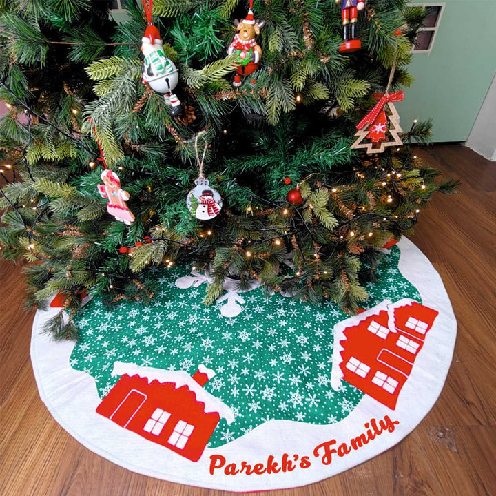 Personalized Handmade Snow Village Houses Tree Skirt | 48 Inches
