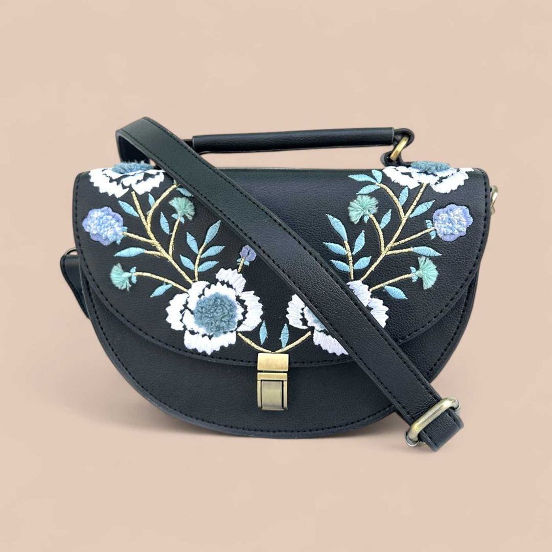 Handmade Embroidered Flower Design Black Rexine Sling Bag