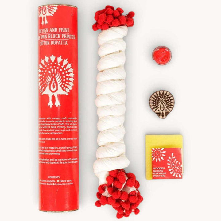Red Peacock Dupatta Block Print DIY Kit | Includes 1 White cotton dupatta, 1 Fabric paint, 1 Wooden block And 1 Sponge