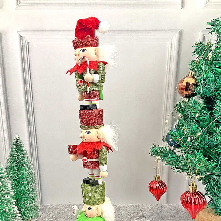 Three Tier Stacked Elves Wooden Decor For Christmas Table Decoration